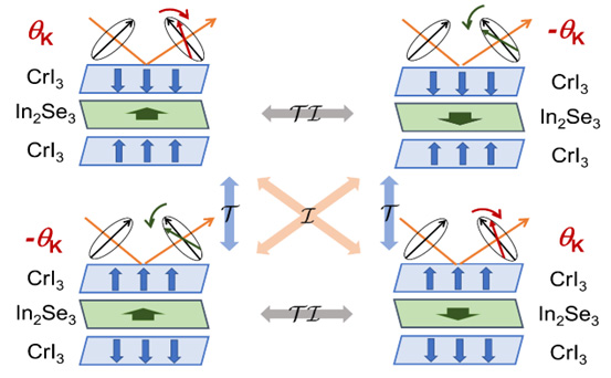 Schematic diagram of switching behavior of Kerr angle in the CrI3/In2Se3/CrI3 heterostructure, where the blue and green arrows indicate the magnetization direction of CrI3 monolayer and the polarization direction of In2Se3 monolayer respectively, and the blue/orange/grey double-sided arrow depicts the time-reversal/spatial-inversion/time-spatial-inversion symmetry.